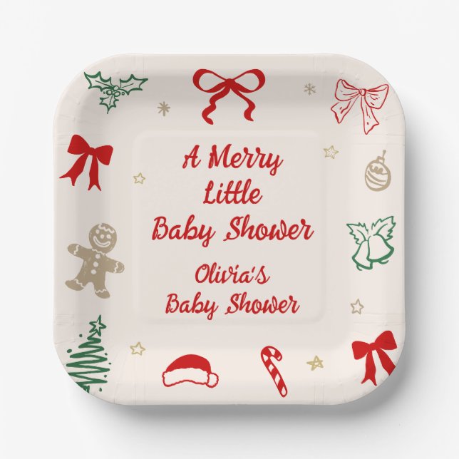 Red Bow A Merry Little Christmas Baby Shower Paper Plates (Front)