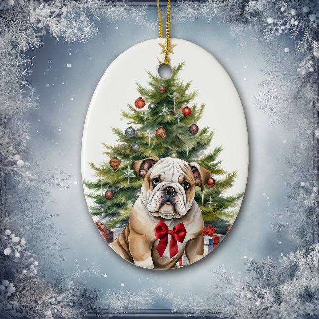 Red Bow Adorable Bulldog Christmas Ceramic Ornament (Creator Uploaded)