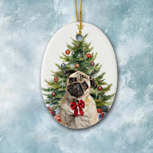 Red Bow Adorable Pug Dog Christmas Ceramic Ornament