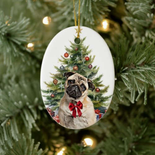 Red Bow Adorable Pug Dog Christmas Ceramic Ornament