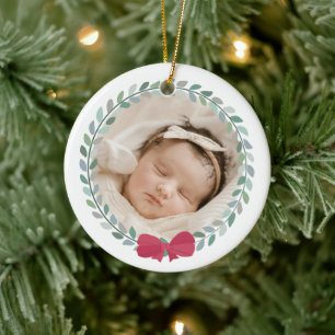 Red Bow-Adorned Wreath Baby's First Christmas Ceramic Ornament