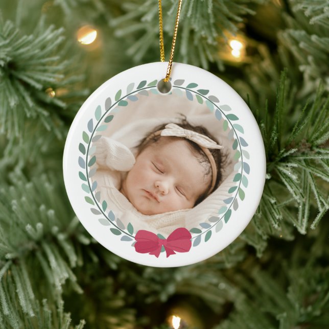 Red Bow-Adorned Wreath Baby's First Christmas Ceramic Ornament (Tree)