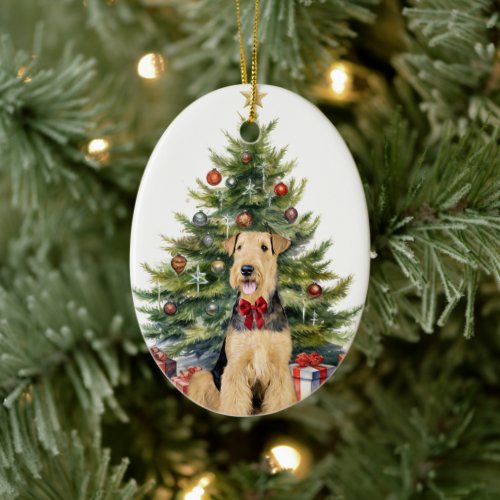 Red Bow Airedale Terrier Dog Christmas Ceramic Ornament