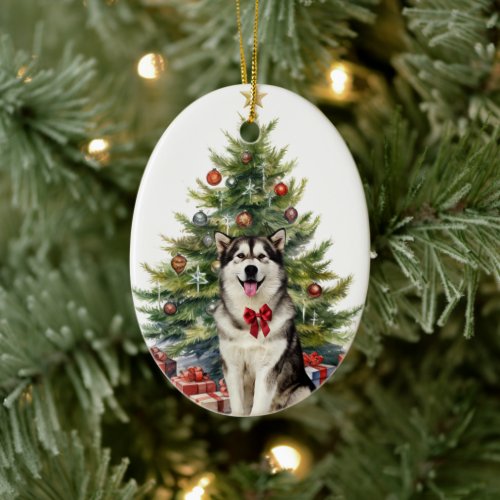 Red Bow Alaskan Malamute Dog Christmas Ceramic Ornament