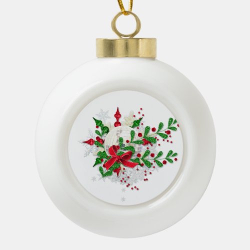 Red Bow And Holly Ceramic Ball Christmas Ornament