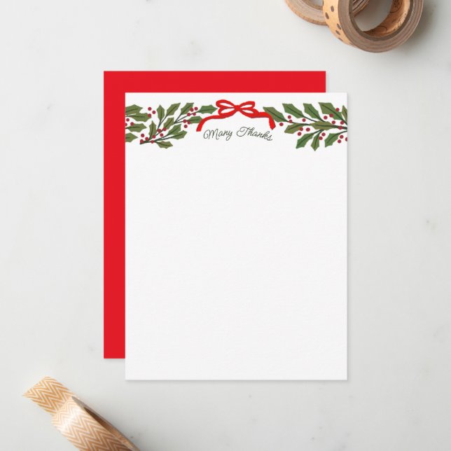 Red Bow and Holly Garland Christmas Stationery Note Card (Front/Back In Situ)