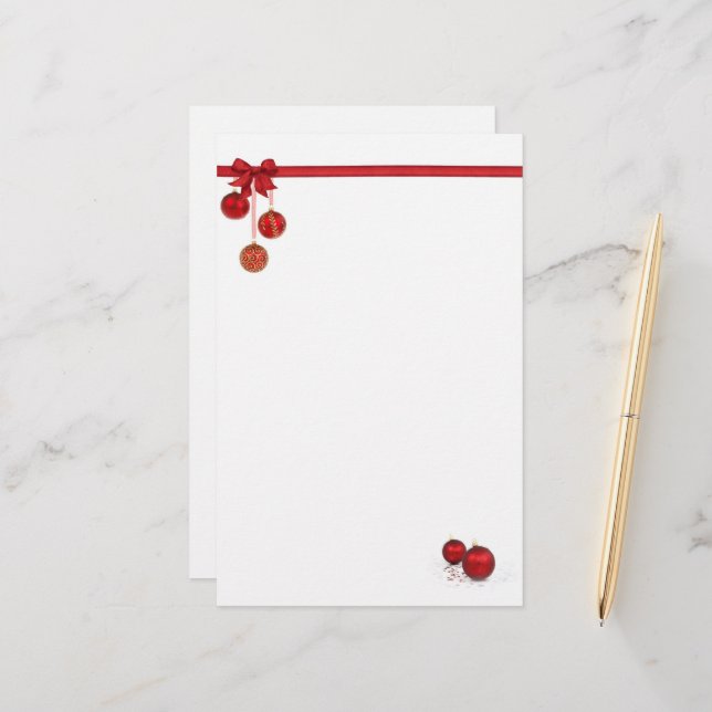 Red Bow and Ornament Stationery (Front/Back In Situ)
