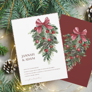 Red Bow and Pine Cluster Christmas Wedding Invitation