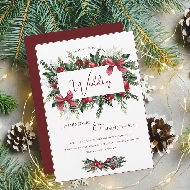 Red Bow and Pine Wreath Winter Wedding Invitation (Creator Uploaded)