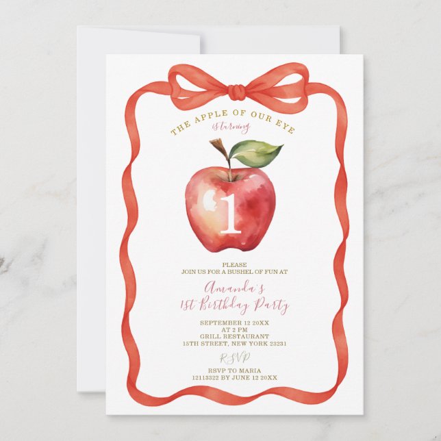 Red Bow Apple of Our Eye Girl First Birthday Party Invitation (Front)