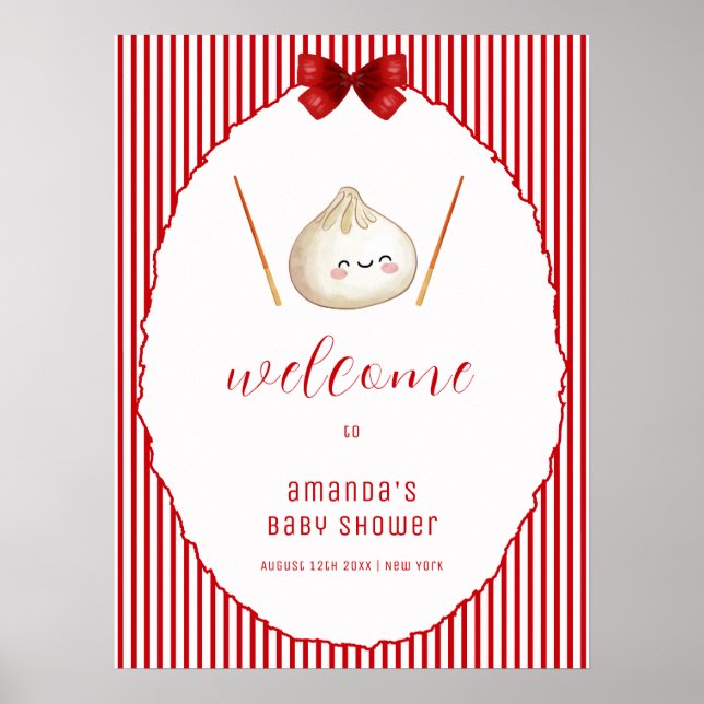 Red Bow Asian Dumpling Baby Shower Welcome  Poster (Front)