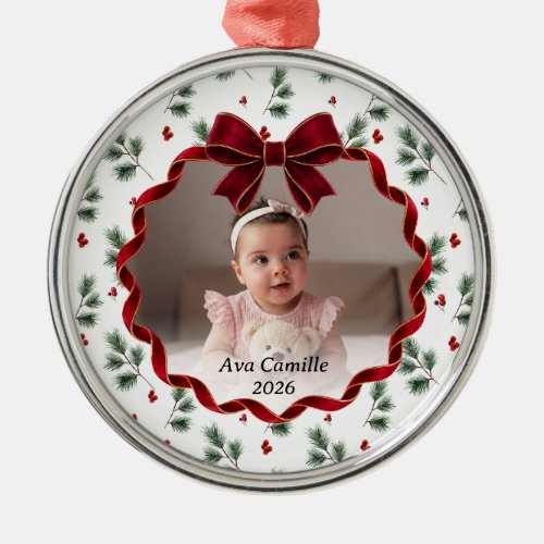 Red Bow Baby Photo Christmas Tree Ornament