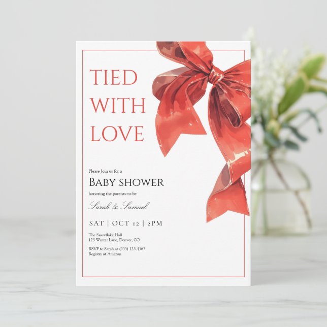 Red Bow Baby Shower Invitation Tied with Love  (Standing Front)