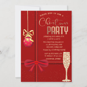 Red Bow,Ball,Champagne Glass Christmas Company Invitation