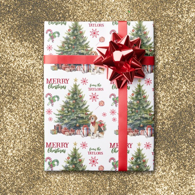 Red Bow Beagle Dog Holiday Tree Wrapping Paper (Creator Uploaded)