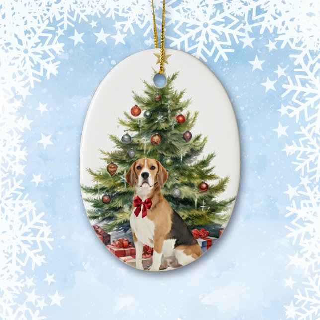 Red Bow Beagle Hound Dog Christmas Ceramic Ornament (Creator Uploaded)