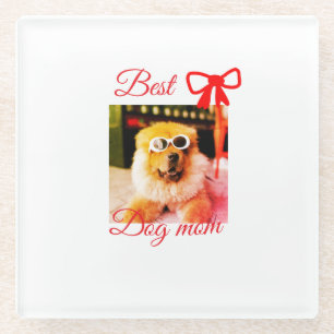 Red bow best dog mom dad photo dog/pet name  glass coaster