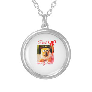 Red bow best dog mom dad photo dog/pet name silver plated necklace