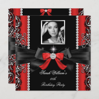 Red Bow Birthday Party Black Silver Photo Invitation