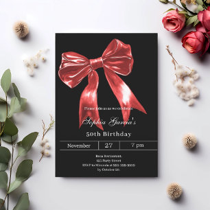 Red bow black birthday invitation