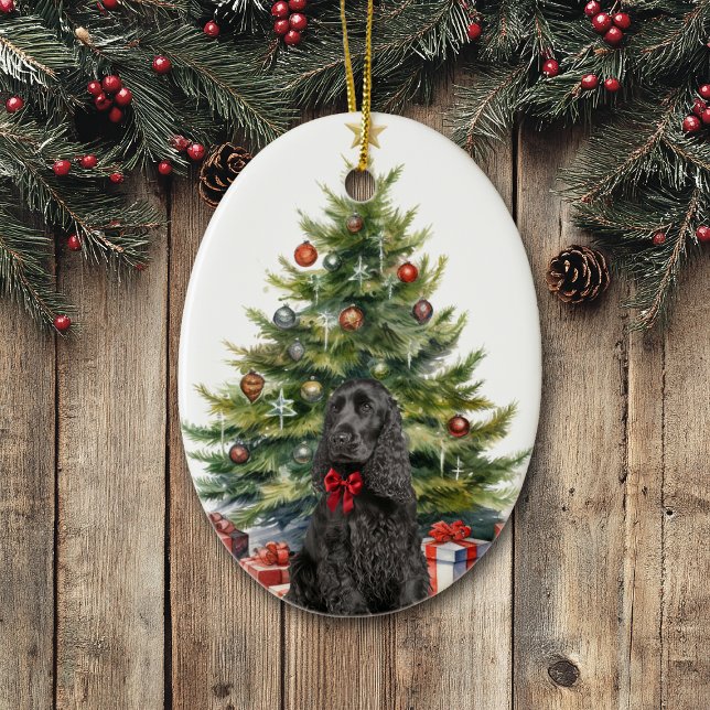 Red Bow Black Cocker Spaniel Dog Ceramic Ornament (Creator Uploaded)
