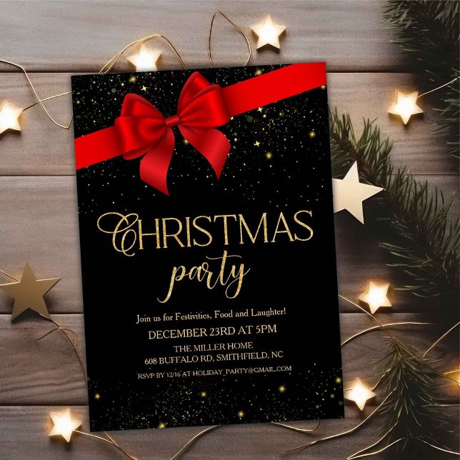 Red Bow Black & Gold Glitter Christmas Holiday Invitation (Creator Uploaded)