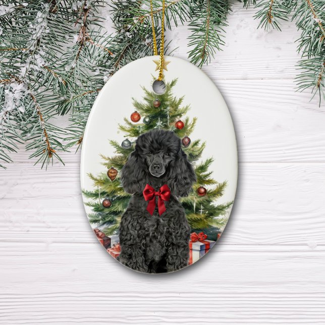 Red Bow Black Standard Poodle Dog Christmas Ceramic Ornament (Creator Uploaded)