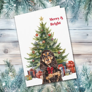 Red Bow Black Tan Cocker Spaniel Christmas Tree Holiday Card