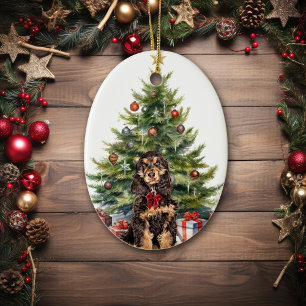 Red Bow Black Tan Cocker Spaniel Dog Ceramic Ornament