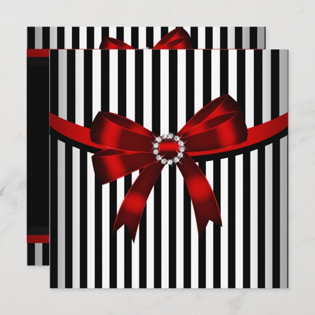 Red Bow Black White Stripe Birthday Party (3) Invitation (Front/Back)