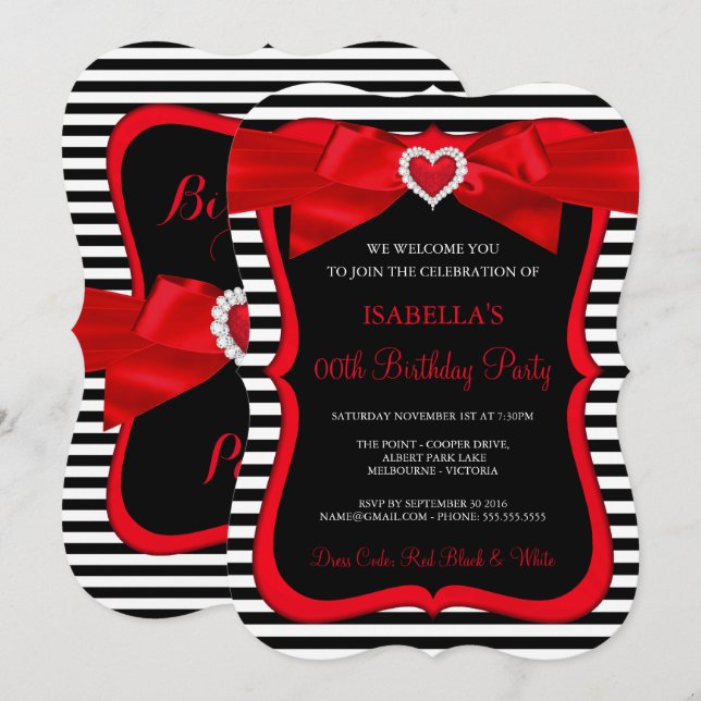 Red Bow Black White Stripe Birthday Party Invitation (Front/Back)