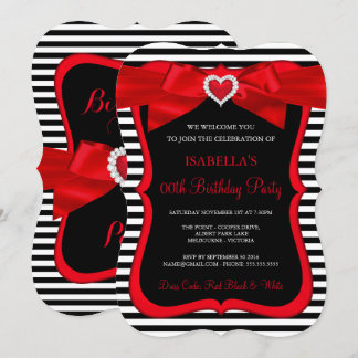 Red Bow Black White Stripe Birthday Party Invitation