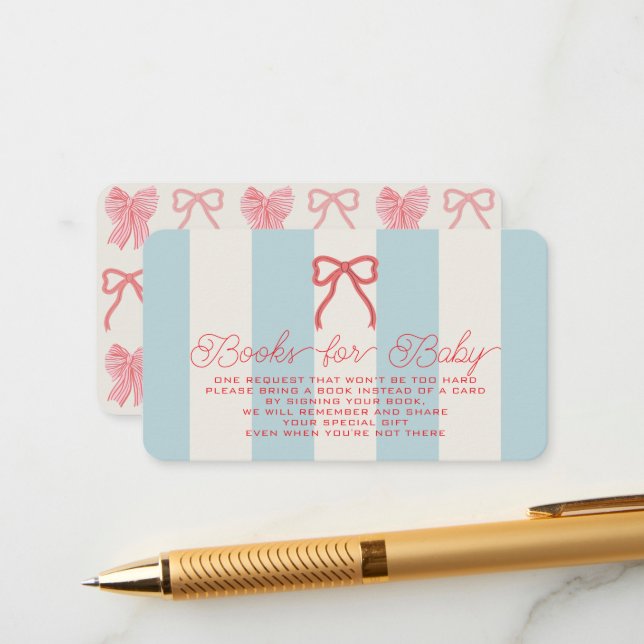 Red Bow & Blue Stripes Baby Shower Book Request Enclosure Card (Front/Back In Situ)