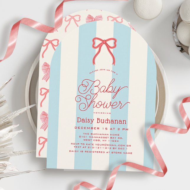 Red Bow & Blue Stripes Baby Shower Invitation (Creator Uploaded)
