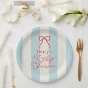 Red Bow & Blue Stripes Baby Shower Paper Plates