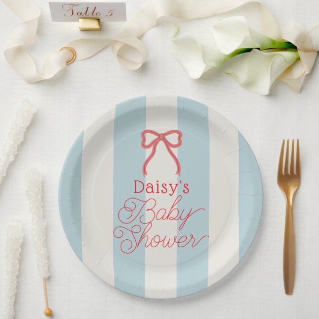 Red Bow & Blue Stripes Baby Shower Paper Plates (Wedding)