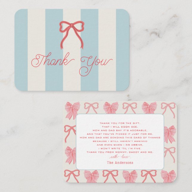 Red Bow & Blue Stripes Baby Shower Thank You Note Card (Front/Back)