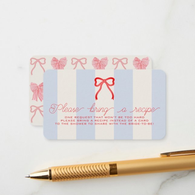 Red Bow Blue Stripes Bridal Shower Recipe Request Enclosure Card (Front/Back In Situ)