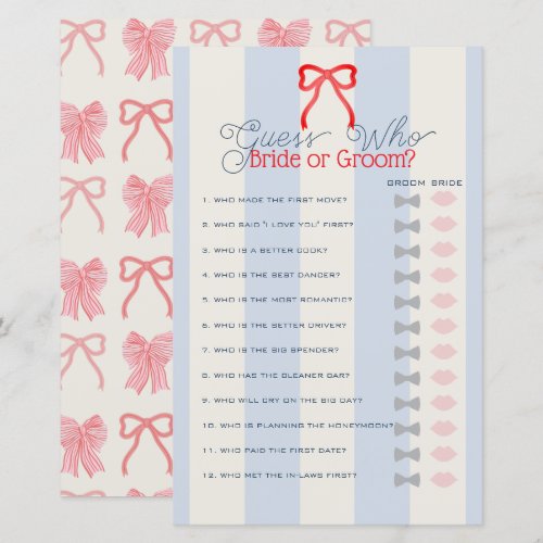 Red Bow Blue Stripes Guess Who Bridal Shower Game