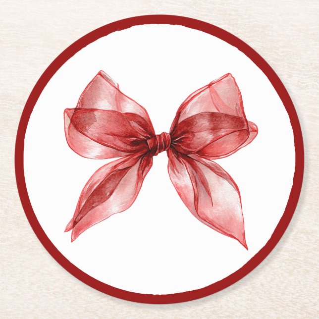 Red Bow Border Bridal Shower Round Paper Coaster (Front)