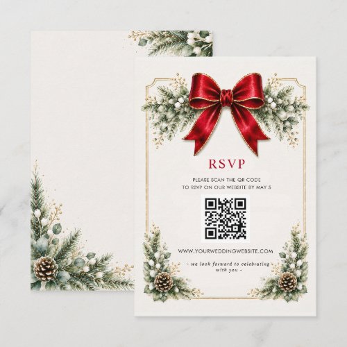 Red Bow Botanical Floral Winter Christmas QR Code RSVP Card
