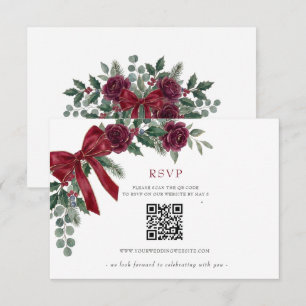 Red Bow Botanical Floral Winter Christmas QR Code RSVP Card