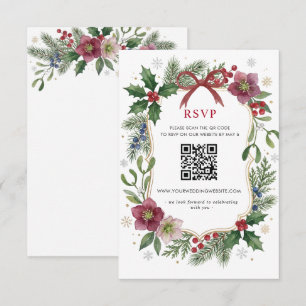 Red Bow Botanical Floral Winter Christmas QR Code RSVP Card