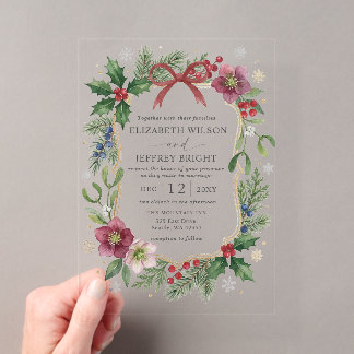 Red Bow Botanical Floral Winter Christmas Wedding Acrylic Invitations