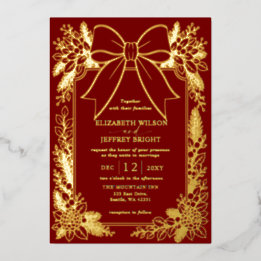 Red Bow Botanical Floral Winter Christmas Wedding Foil Invitation