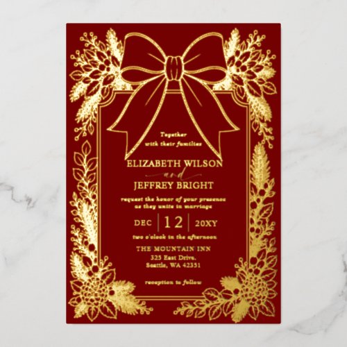 Red Bow Botanical Floral Winter Christmas Wedding Foil Invitation