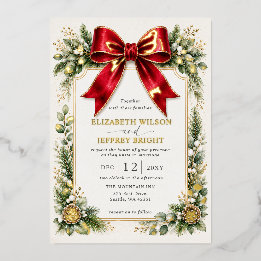 Red Bow Botanical Floral Winter Christmas Wedding Foil Invitation