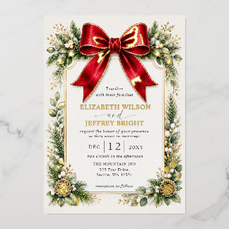 Red Bow Botanical Floral Winter Christmas Wedding Foil Invitation