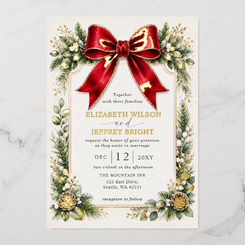 Red Bow Botanical Floral Winter Christmas Wedding Foil Invitation