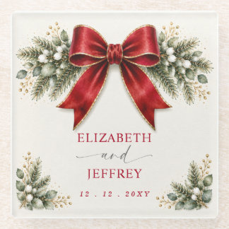Red Bow Botanical Floral Winter Christmas Wedding Glass Coaster